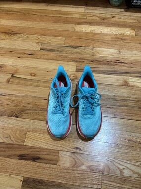 Hoka Clifton Blue Running Shoes with Coral accents
